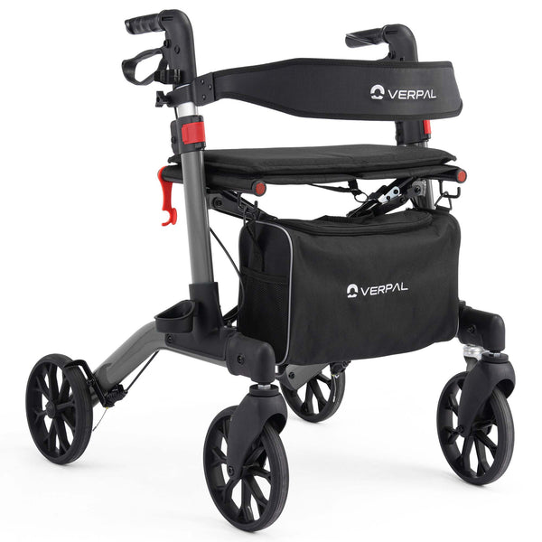 VERPAL Mobility Rollator Walker with Seat and Backrest for Seniors，Foldable and Adjustable Height Rolling Walker for Adults, 350 lbs Weight Capacity, Gray