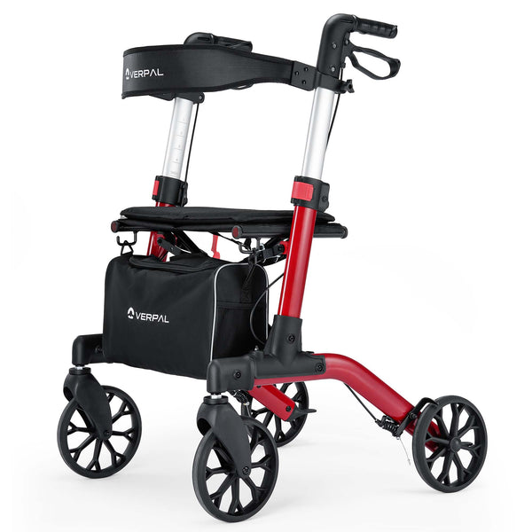 VERPAL Rollator Walker for Seniors, Lightweight Folding Rolling Walker with Seat and Backrest for Seniors and Adult, Red