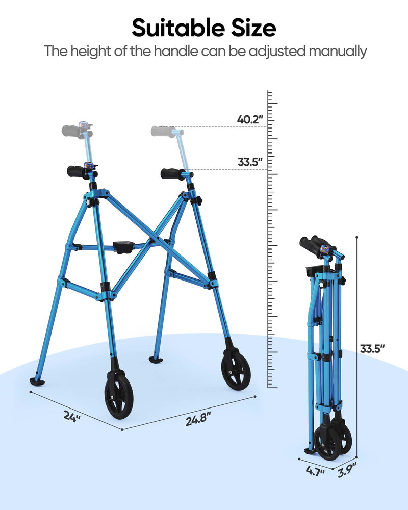 VERPAL Lightweight and Foldable Rolling Walker for Seniors, Adjustable Height Folding Walkers with 8" Front Wheels for Adults, Blue