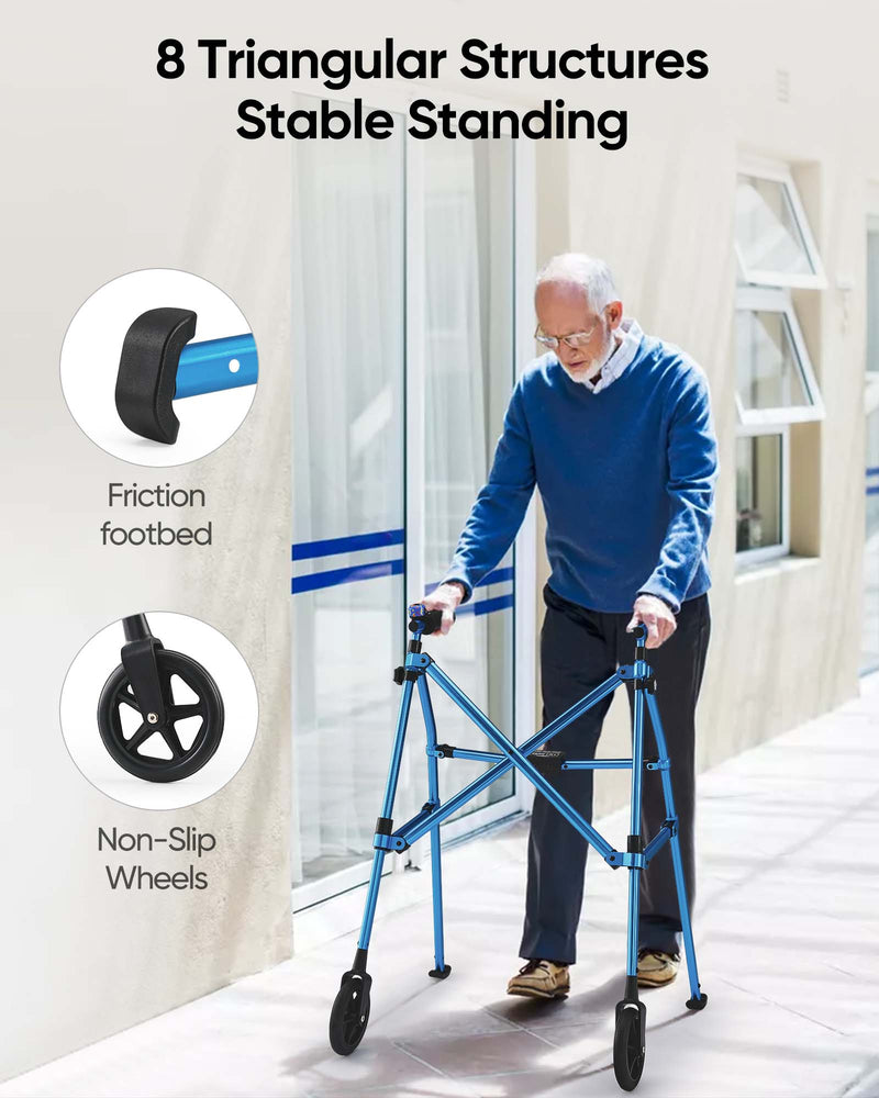 VERPAL Lightweight and Foldable Rolling Walker for Seniors, Adjustable Height Folding Walkers with 8" Front Wheels for Adults, Blue