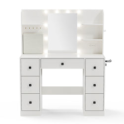 Makeup Vanity with Lighted Mirror and 7 Drawers,3 Color Lights Vanity Desk,Adjustable Brightness Vanity Table,Charging Station,Jewerly Hooks and Shelves,White