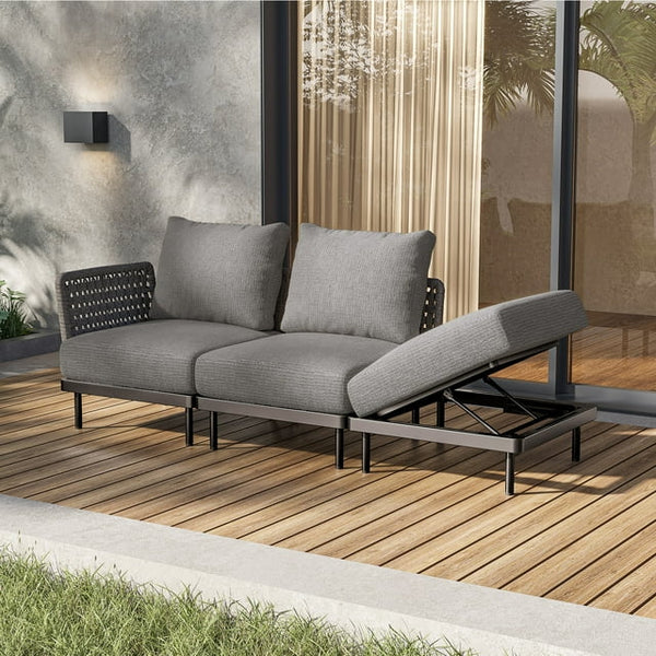 Cottinch 3-Pieces Patio Furniture Set Sectional Sofa with Ottoman Outdoor All-Weather Rattan Conversation Sofa,Dark Gray