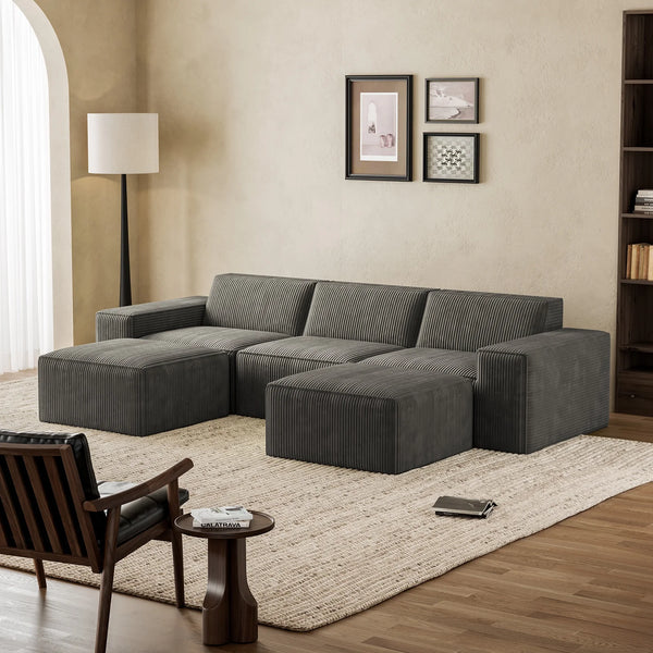 Cottinch Oversize 5 Seats Modular Sectional Sofa and Ottoman Convertible Corduroy Couch Chaise Indoor Furniture for Living Room,Gray