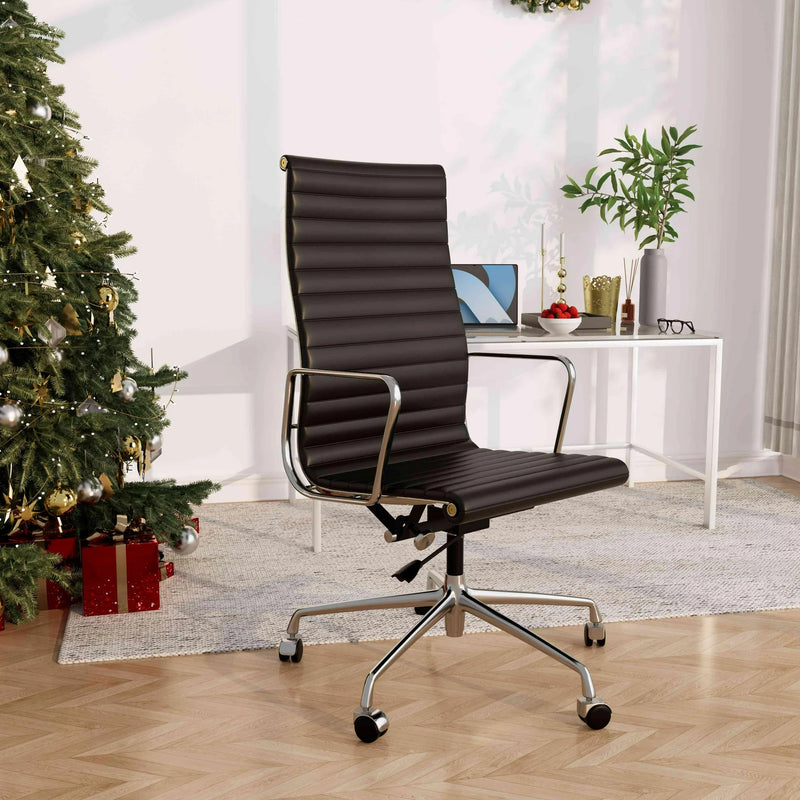 Ribbed Genuine Leather Office Chair, Hight Back, Adjustable Ergonomic Computer Chair Black 1PC