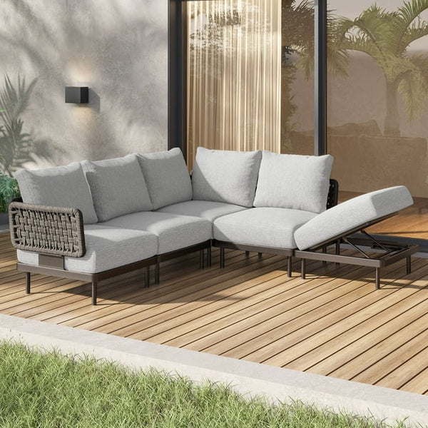 Cottinch 5-Piece Patio Furniture L Shape Sectional Sofa with Ottoman,All-Weather Rattan Conversation Set Modular Sofa,Gray