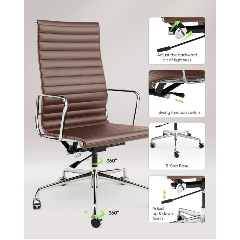 High-Back Ribbed Office Chair Adjustable Leather Computer Chair Ergonomic Lumbar Support,Swivel Desk Chair,Brown 1pc