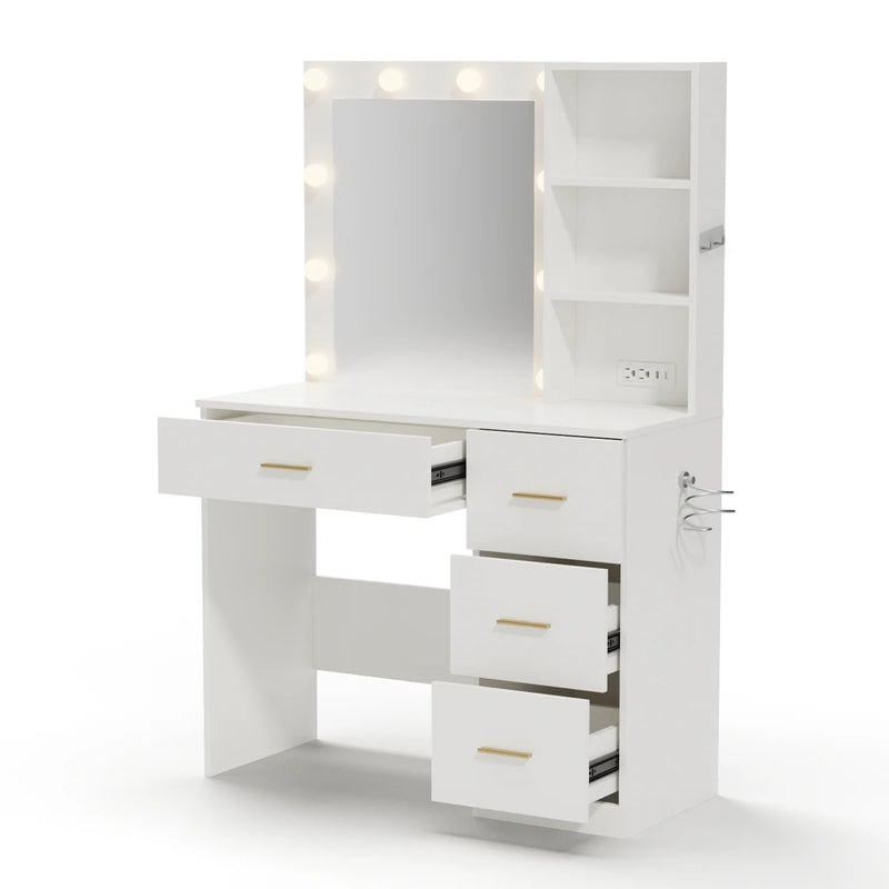 Raffle Pinker Makeup Vanity Desk Dressing Table with 4 Drawers,Storage Shelves,Power Outlet,White