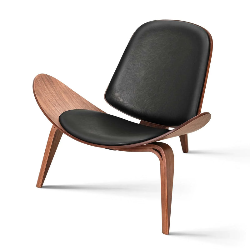 Three-Legged Shell Chair Mid-Century Modern Wood Chair Black PU Leather Chair for Living Room, Reading Side Chair,Walnut