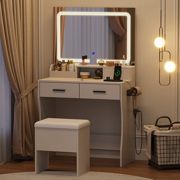 Cottinch Makeup Vanity Table with Lighted Mirror and Storage Stool,Power Outlet, Hooks,3 Color Ajustable White Dressing Table for Bedroom