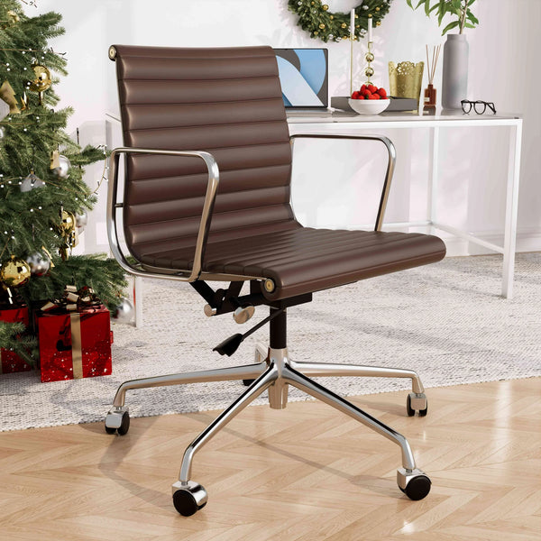 Cottinch Mid Back Ergonomic Office Chair Ribbed Genuine Leather Adjustable Computer Chair for Home Office,Brown,1pc