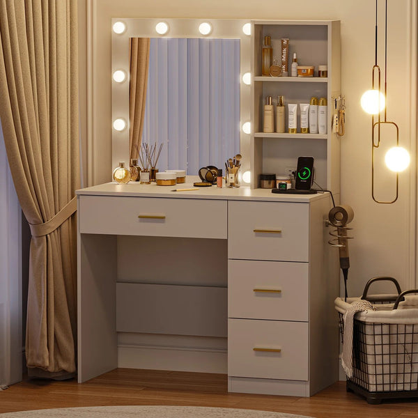 Cottinch Vanity Desk 3 Color Lighted Mirror,Makeup Dressing Table with 4 Drawers and Storage Shelves,2 Outlets,2 USB Ports,White