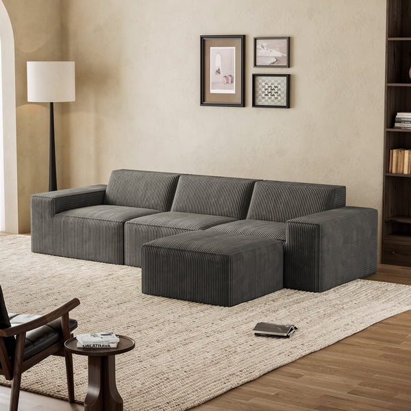 Cottinch Oversize Modular Sectional Sofa 3 Seats with Ottoman,L Shaped Convertible Corduroy Couch Chaise Indoor Furniture for Living Room,Gray