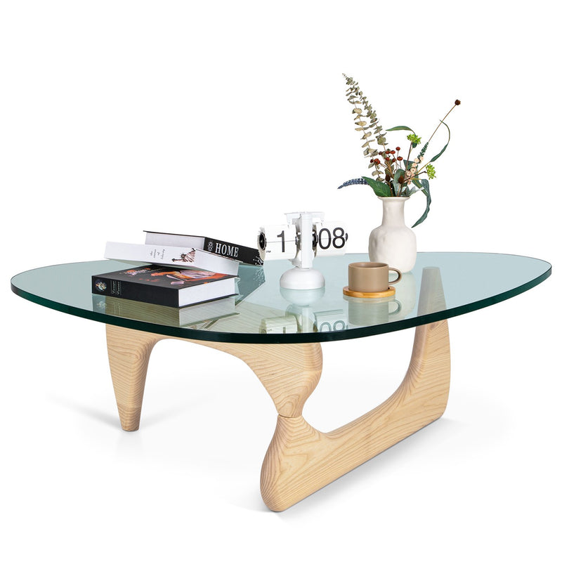 Glass Coffee Table Triangle Tempered Glass Coffee Table End Table with Solid Natural Wood Base for Living Room