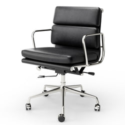 Cottinch Genuine Leather Office Chair,Ergonomic Upholstered Desk Chair,Swivel Computer Chair,Lumbar Support,Mid Back,Black