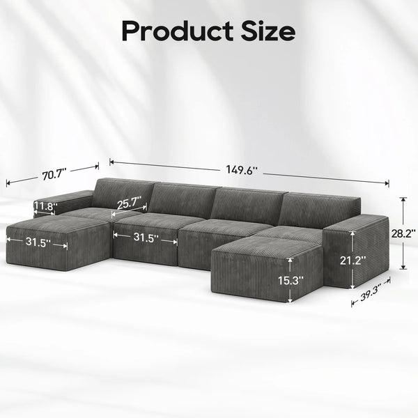 Cottinch Oversize 6 Seats Modular Sectional Sofa and Ottoman Convertible Corduroy Couch Chaise Indoor Furniture for Living Room,Gray