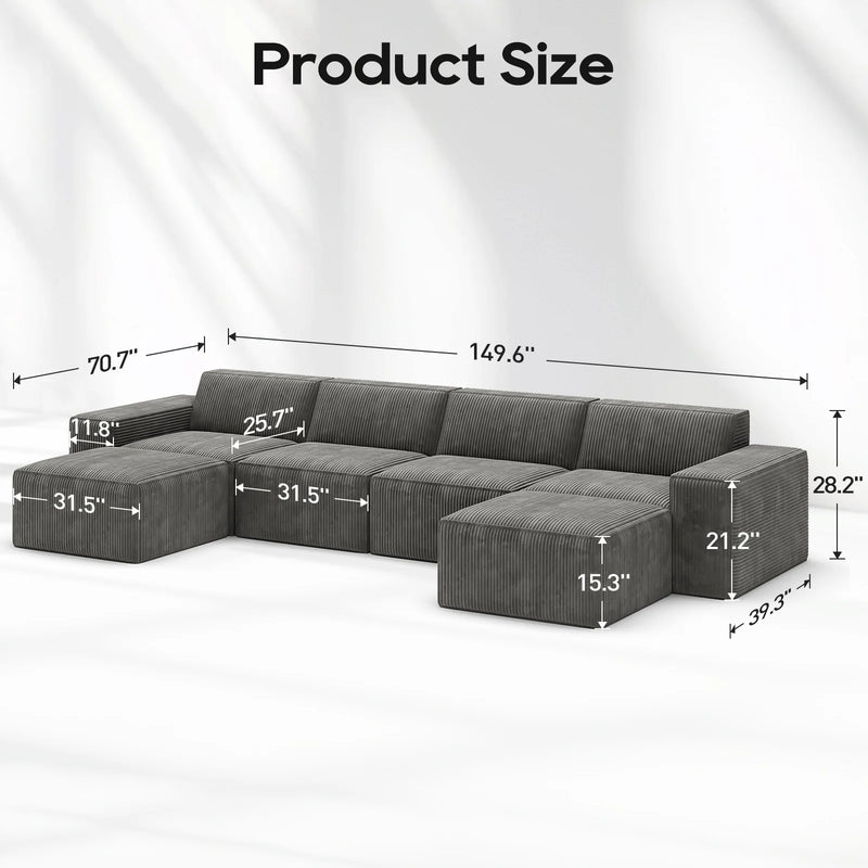 Cottinch Oversize 6 Seats Modular Sectional Sofa and Ottoman Convertible Corduroy Couch Chaise Indoor Furniture for Living Room,Gray