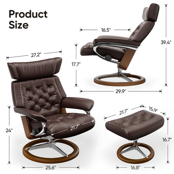 Cottinch Swivel Recliner Leather Lounge Chair w/Ottoman Modern Accent Chair Upholstered Armchair Adjustable Back for Living Room,Bedroom,Office,Dark Brown