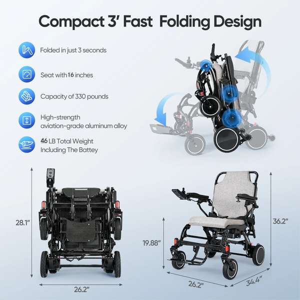 46lbs Foldable Lightweight Electric Wheelchairs Upgrade Carbon Fiber Motorized Wheelchair Power Chair Mobility Scooter for Adult Senior,330lbs,Gray