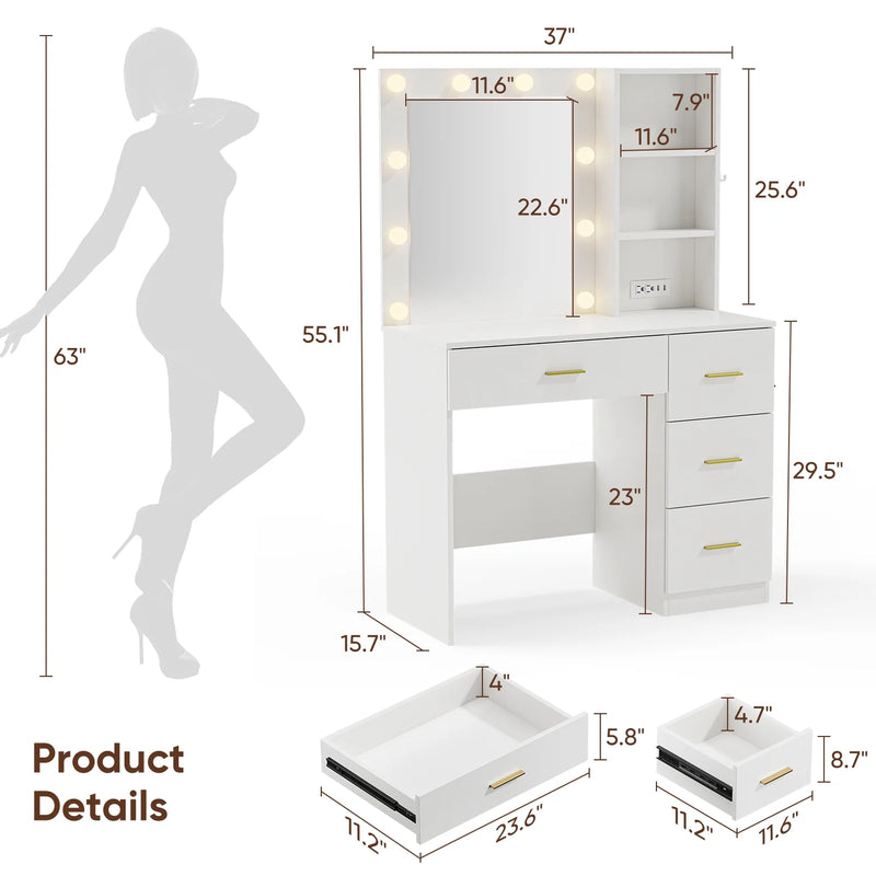 Raffle Pinker Makeup Vanity Desk Dressing Table with 4 Drawers,Storage Shelves,Power Outlet,White