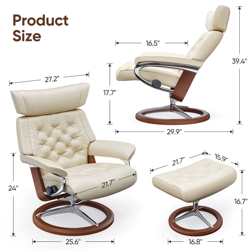 Cottinch Swivel Recliner Leather Lounge Chair w/Ottoman Modern Accent Chair Upholstered Armchair Adjustable Back for Living Room,Bedroom,Office,White