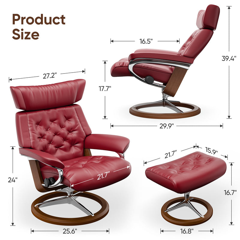 Cottinch Swivel Recliner PU Leather Lounge Chair w/Ottoman Modern Accent Chair Upholstered Armchair Adjustable Back for Living Room,Bedroom,Office,Burgundy