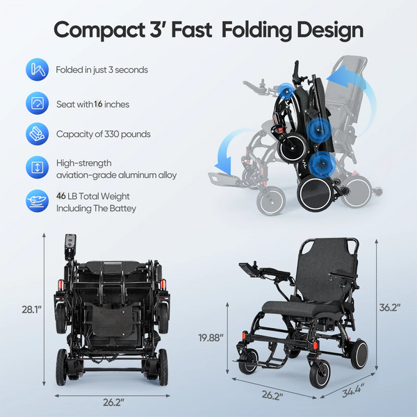 46lbs Foldable Lightweight Electric Wheelchairs Upgrade Carbon Fiber Motorized Wheelchair Power Chair Mobility Scooter for Adult Senior,330lbs,Black