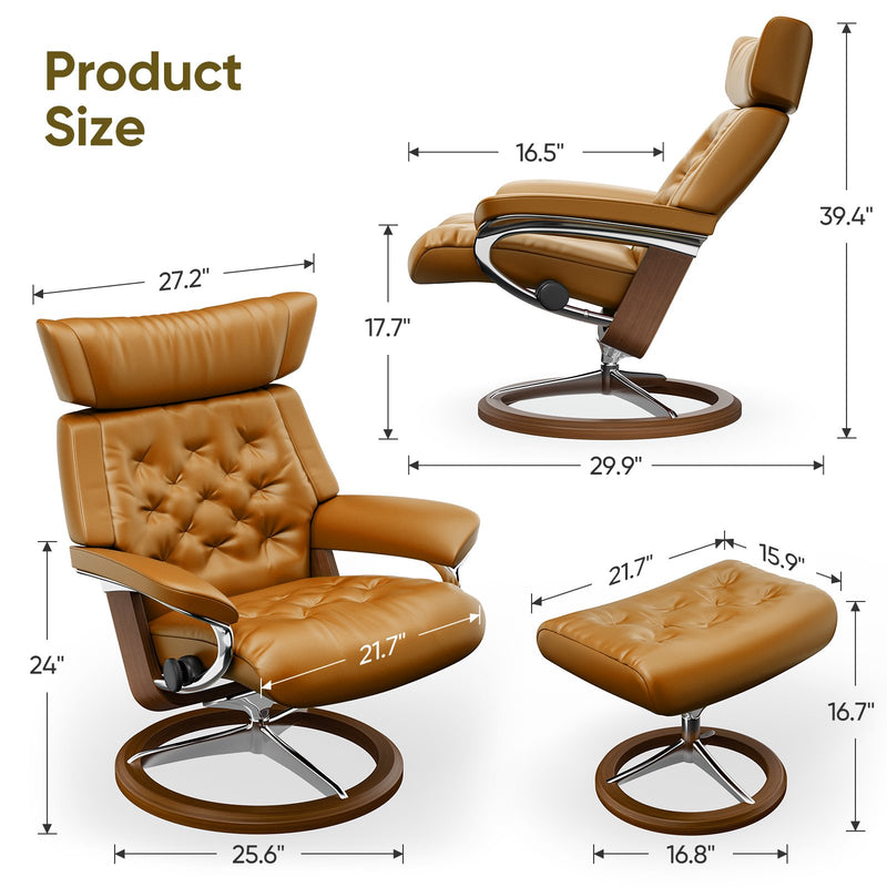 Cottinch Swivel Recliner PU Leather Lounge Chair w/Ottoman Modern Accent Chair Upholstered Armchair Adjustable Back for Living Room,Bedroom,Office,Brown