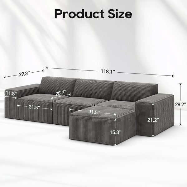 Cottinch Oversize Modular Sectional Sofa 3 Seats with Ottoman,L Shaped Convertible Corduroy Couch Chaise Indoor Furniture for Living Room,Gray