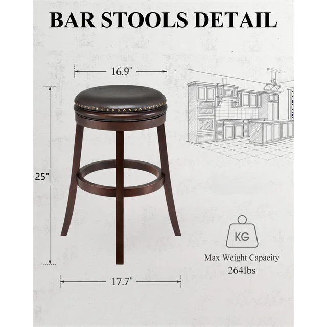 Cottinch 25" Backless Counter Height Bar Stools, PU Leather Swivel Stools for Dining Room, Kitchen Bar, Set of 2, Rosewood