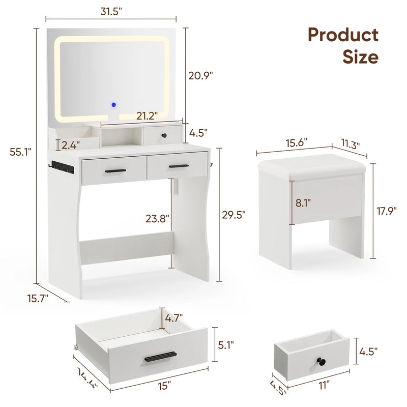 Cottinch Vanity Tables Makeup Dressing Table with Touch Screen LED Mirror and Cushion Storage Stool,2 Outlets 2 USB Ports,White Vanity Desk Set