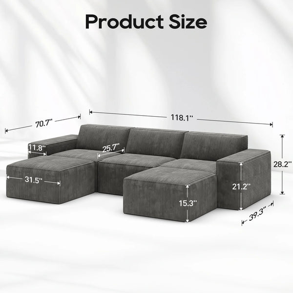 Cottinch Oversize 5 Seats Modular Sectional Sofa and Ottoman Convertible Corduroy Couch Chaise Indoor Furniture for Living Room,Gray