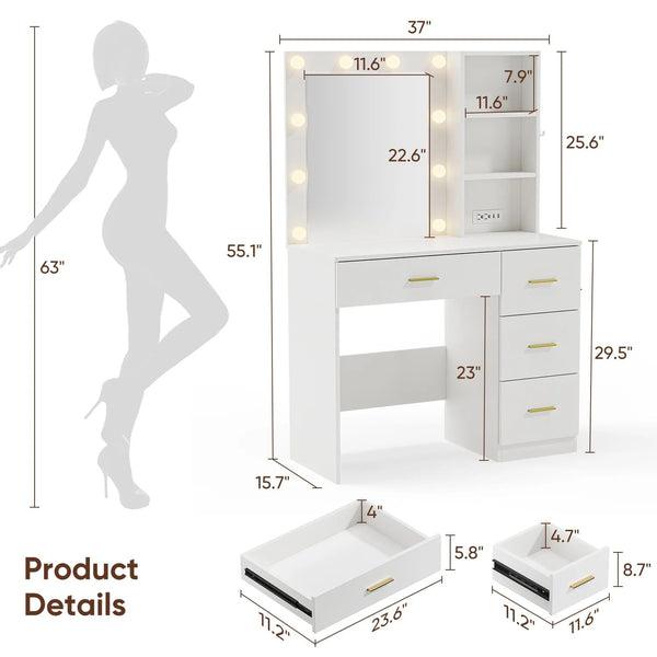 Cottinch Vanity Desk 3 Color Lighted Mirror,Makeup Dressing Table with 4 Drawers and Storage Shelves,2 Outlets,2 USB Ports,White