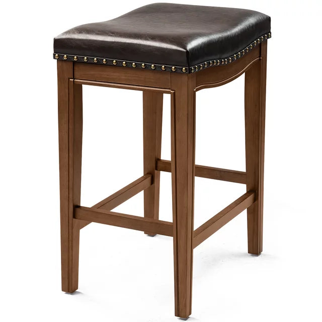 Cottinch 26" Backless Counter Height Bar Stools, Leather Saddle Stools for Kitchen Counters, Set of 2, Walnut