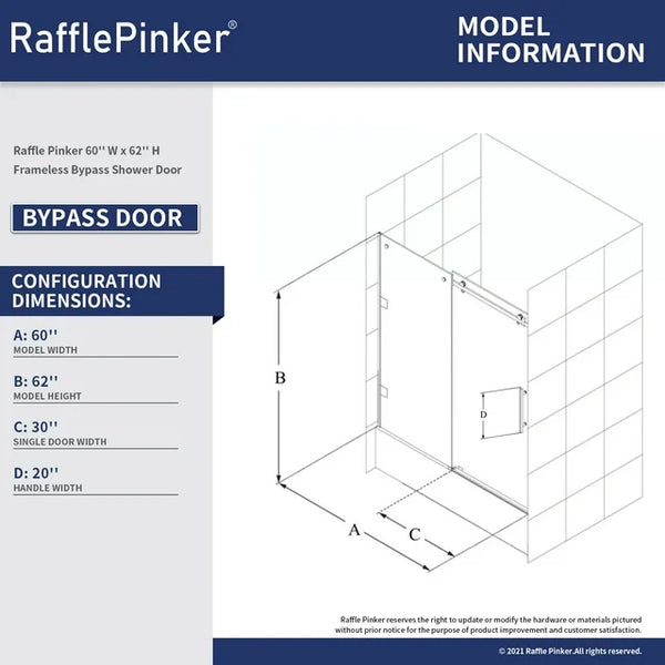 Cottinch Frameless Tub Door 60"W x 62"H Single Sliding Shower Doors, Clear Glass, Chrome