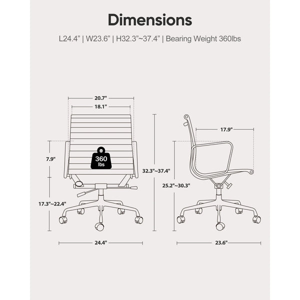 Cottinch Mid Back Ergonomic Office Chair Ribbed Genuine Leather Adjustable Computer Chair for Home Office,Brown,1pc