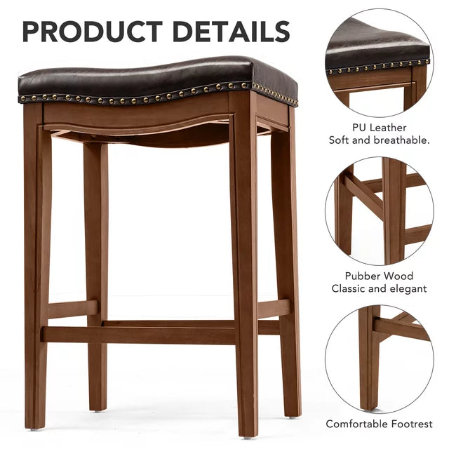 Cottinch 30" Backless Counter Height Bar Stools, Leather Saddle Stools for Kitchen Counters, Set of 2, Walnut