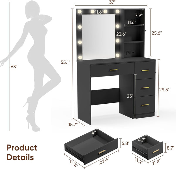 Cottinch Vanity Desk 3 Color Lighted Mirror,Makeup Dressing Table Vanity Table with 4 Drawers and Shelf,2 Outlets,2 USB Ports,Black