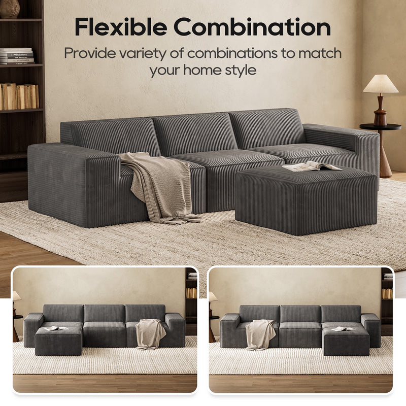 Cottinch Oversize Modular Sectional Sofa 3 Seats with Ottoman,L Shaped Convertible Corduroy Couch Chaise Indoor Furniture for Living Room,Gray