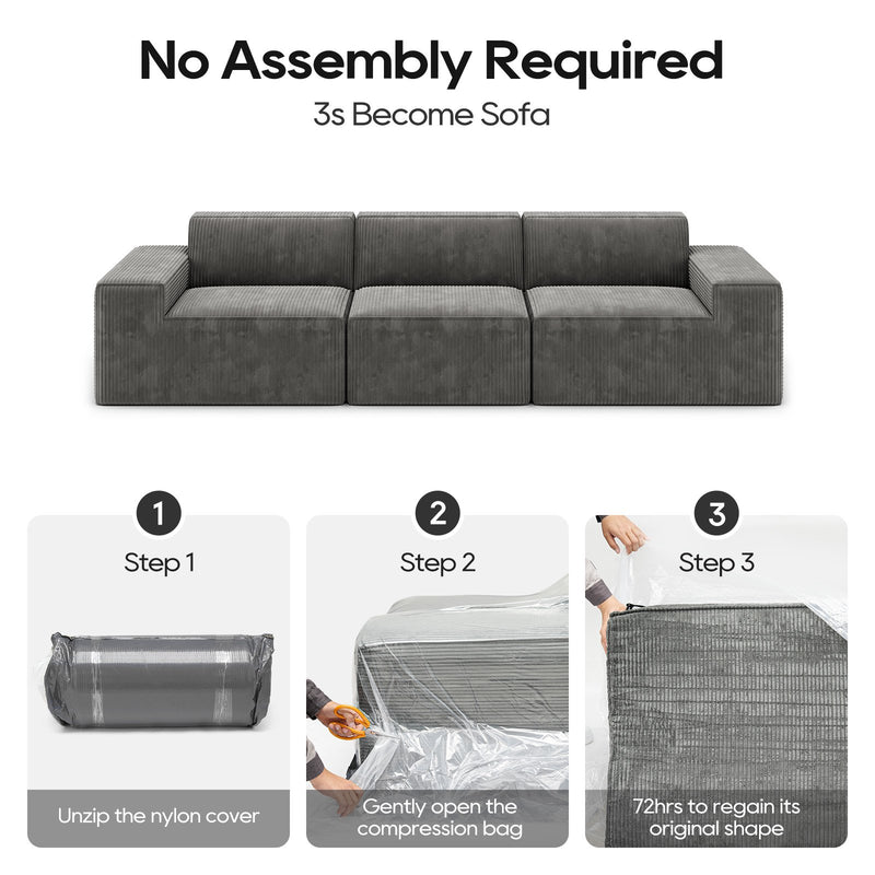 Cottinch Oversize 3 Seats Modular Sectional Sofa Convertible Corduroy Couch Chaise Indoor Furniture for Living Room,Gray