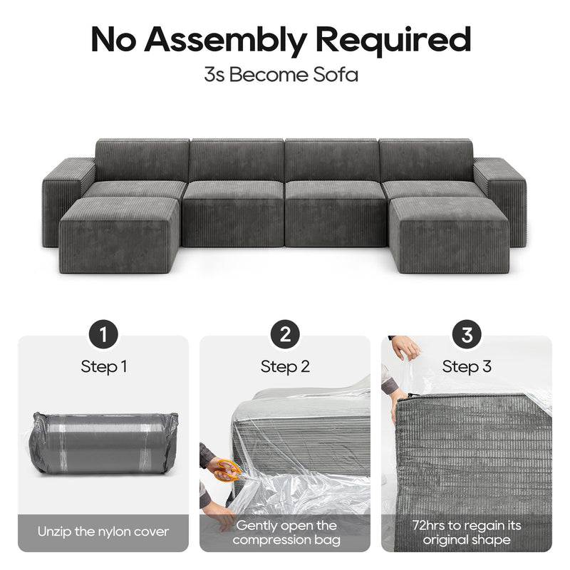 Cottinch Oversize 6 Seats Modular Sectional Sofa and Ottoman Convertible Corduroy Couch Chaise Indoor Furniture for Living Room,Gray