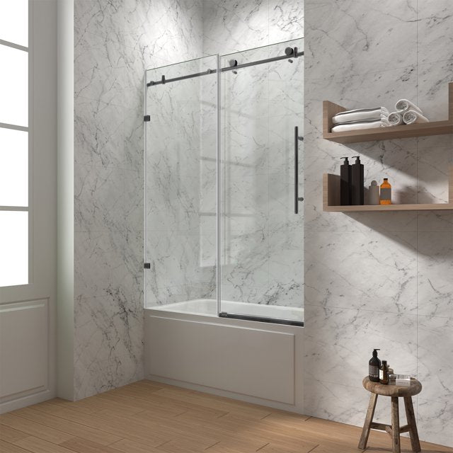 Cottinch Frameless Tub Door 60"W x 62"H Single Sliding Shower Doors, Clear Glass, Black