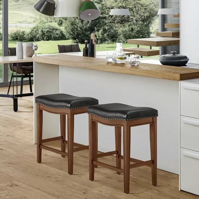 Cottinch 26" Backless Counter Height Bar Stools, Leather Saddle Stools for Kitchen Counters, Set of 2, Walnut