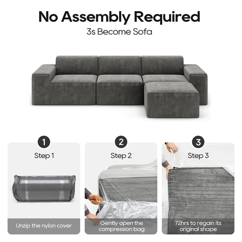 Cottinch Oversize Modular Sectional Sofa 3 Seats with Ottoman,L Shaped Convertible Corduroy Couch Chaise Indoor Furniture for Living Room,Gray