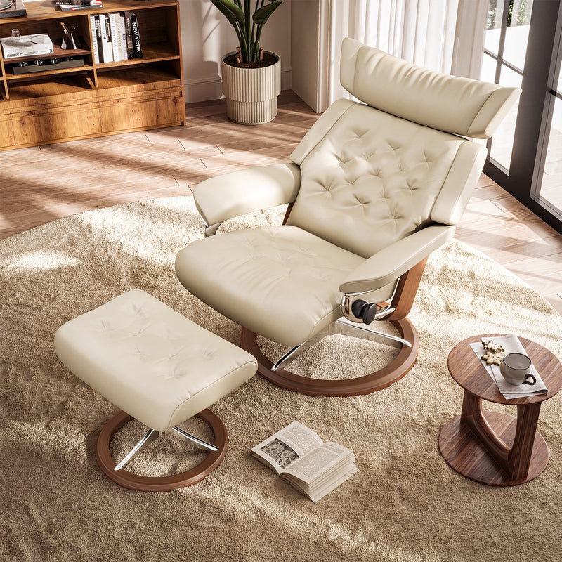 Cottinch Swivel Recliner Leather Lounge Chair w/Ottoman Modern Accent Chair Upholstered Armchair Adjustable Back for Living Room,Bedroom,Office,White