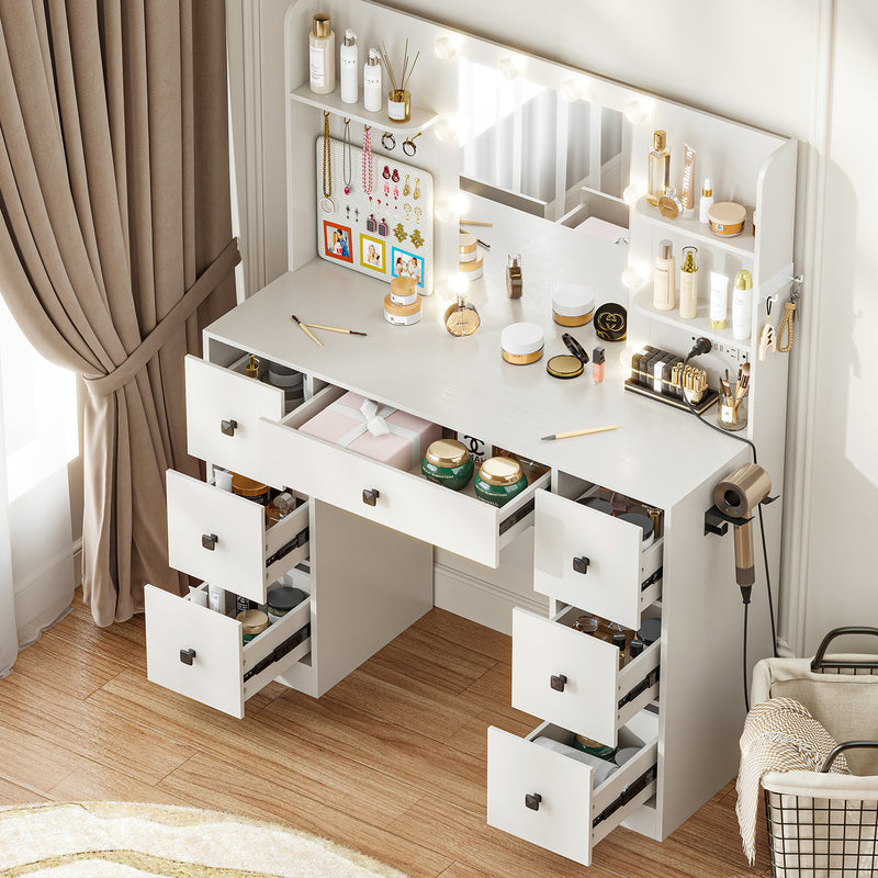 Makeup Vanity with Lighted Mirror and 7 Drawers,3 Color Lights Vanity Desk,Adjustable Brightness Vanity Table,Charging Station,Jewerly Hooks and Shelves,White