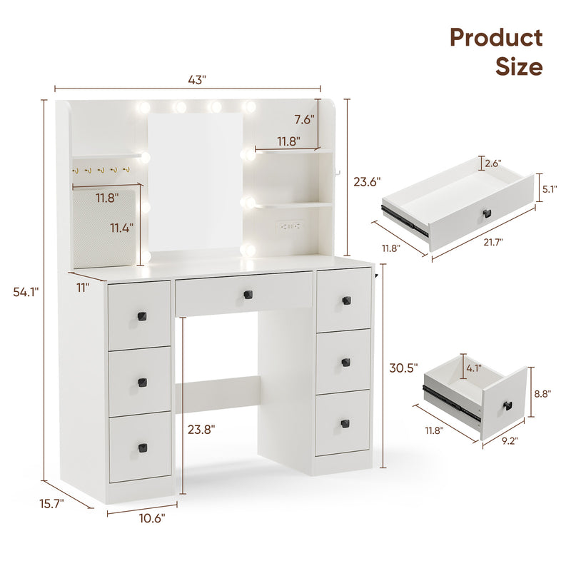 Makeup Vanity with Lighted Mirror and 7 Drawers,3 Color Lights Vanity Desk,Adjustable Brightness Vanity Table,Charging Station,Jewerly Hooks and Shelves,White